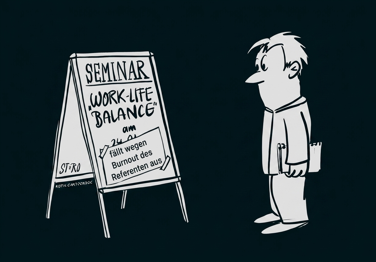 Cartoon eines Mannes vor einem Seminar-Schild zu Work-Life-Balance, das wegen Burnout des Referenten ausfällt